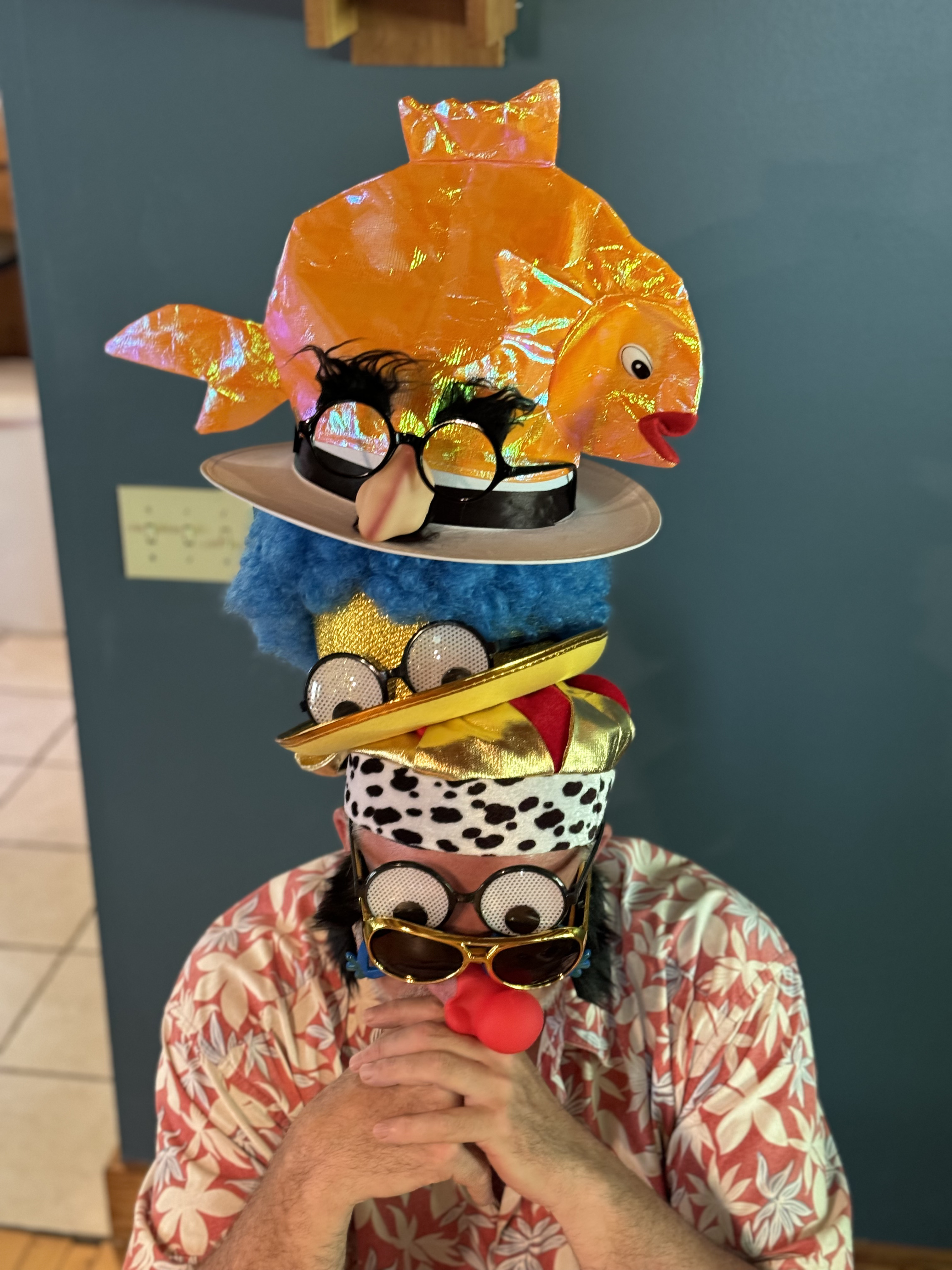 Jef wearing lots of hats