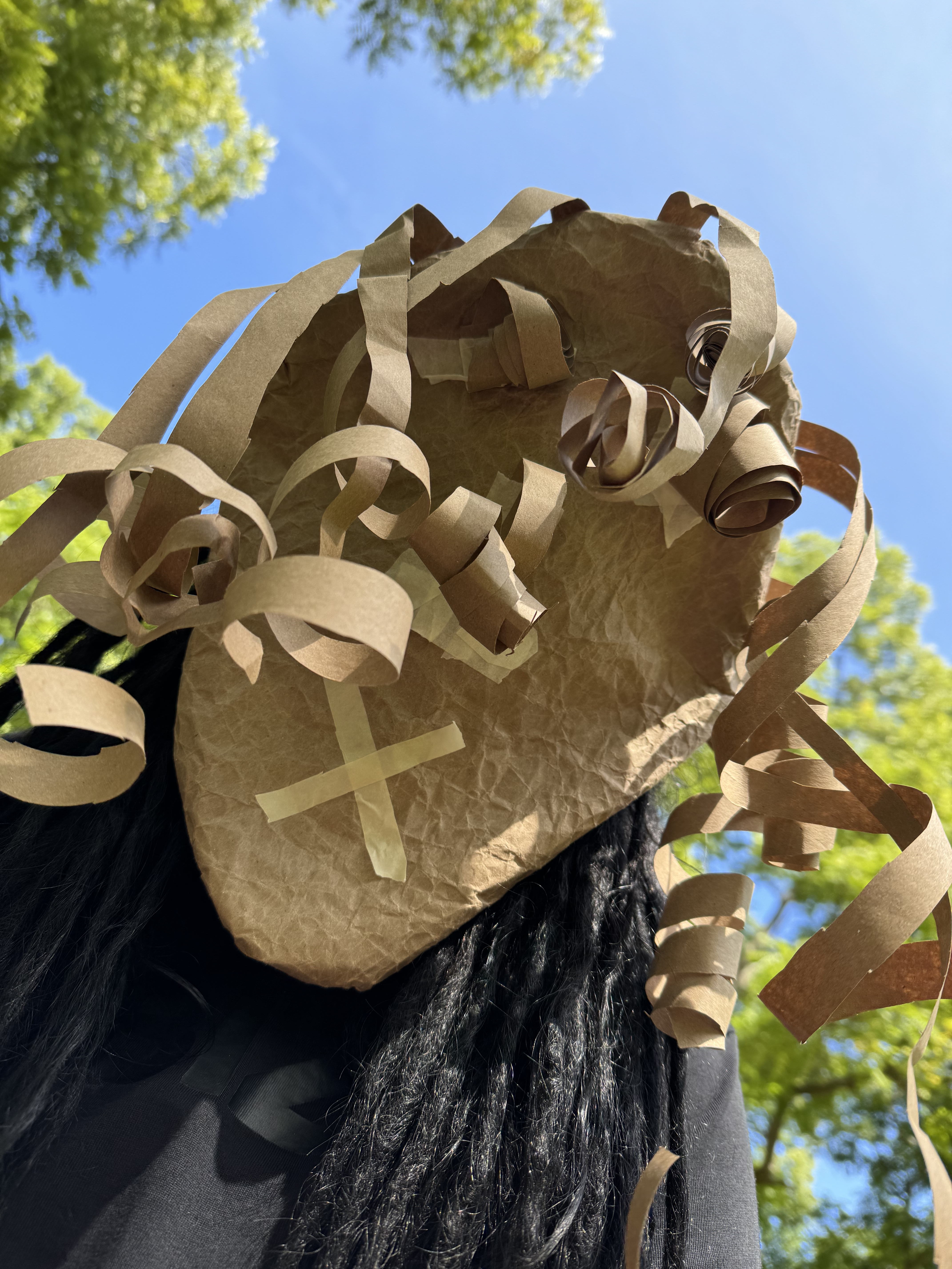 Person in a brown paper mask