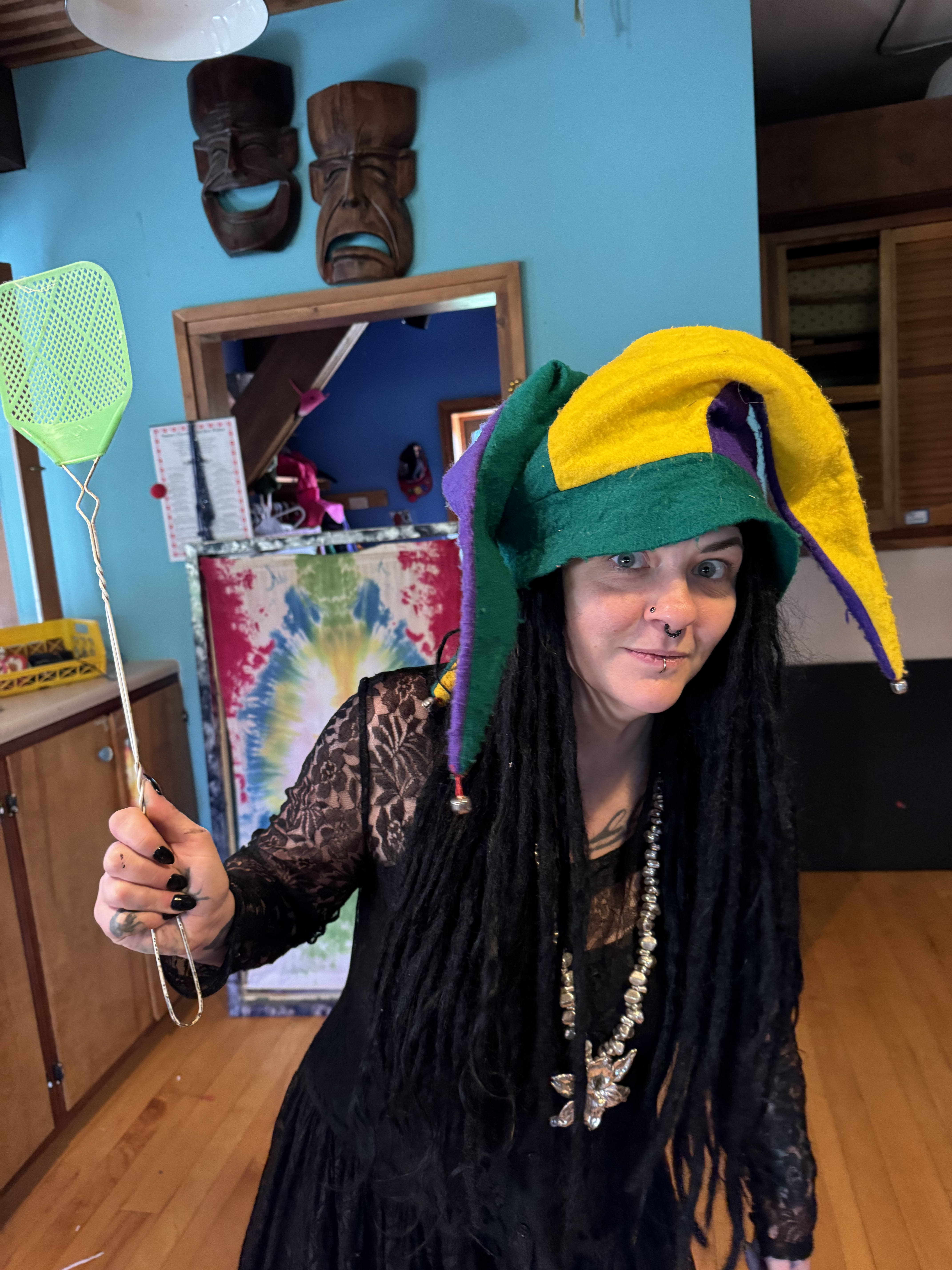 Jester hat with a fly swatter